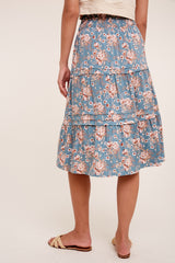 Sage Floral Printed Tiered Midi Skirt
