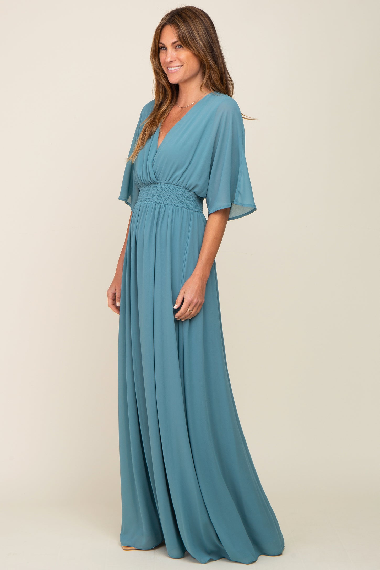 Turquoise Chiffon V-Neck Smocked Waist Maxi Dress