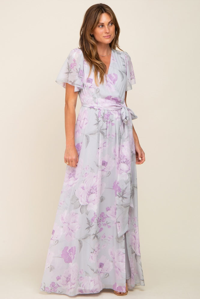 Lavender Floral Chiffon V-Neck Front Slit Short Sleeve Maternity Dress