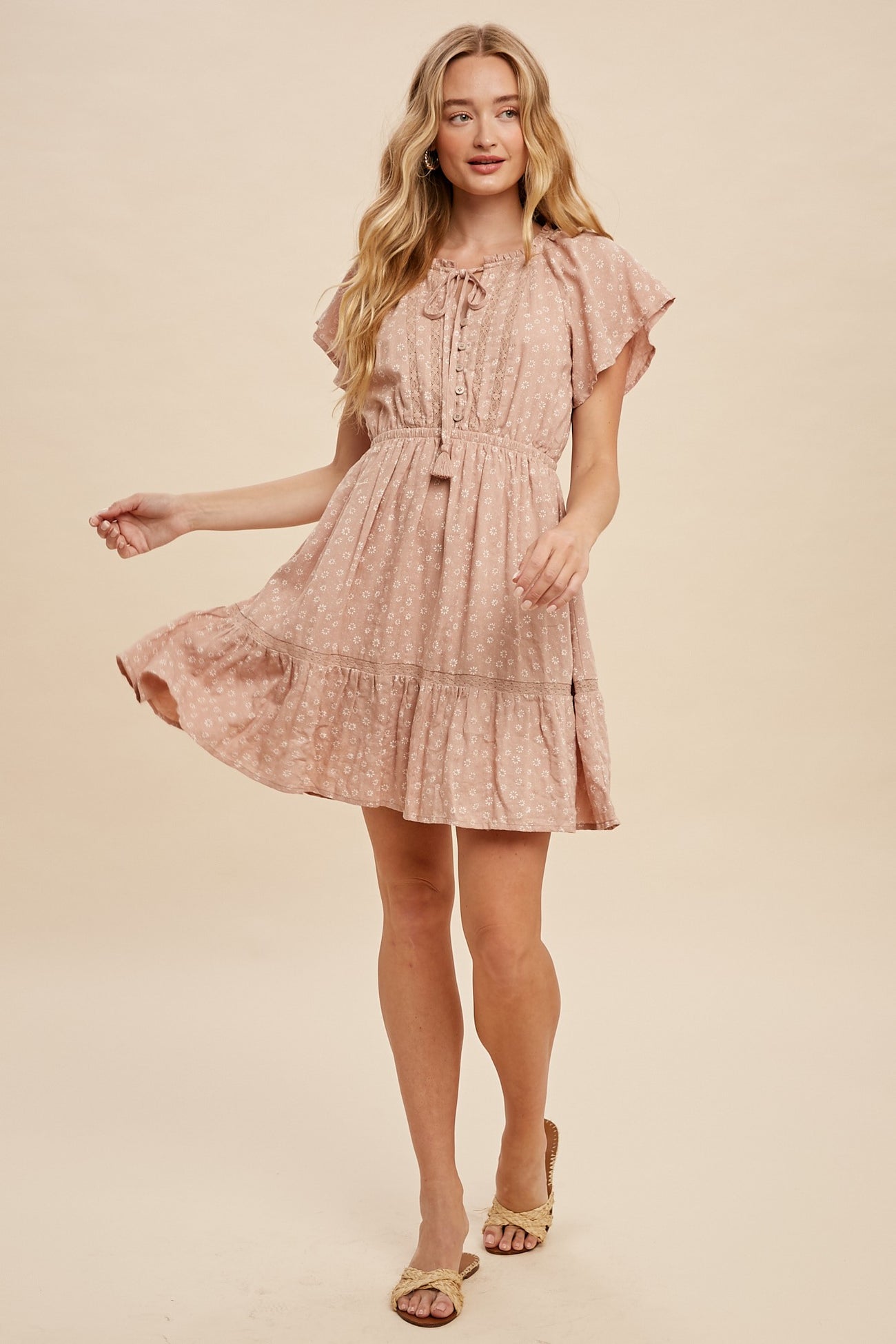Dusty Pink Floral Tassel Tie Neck Mini Dress