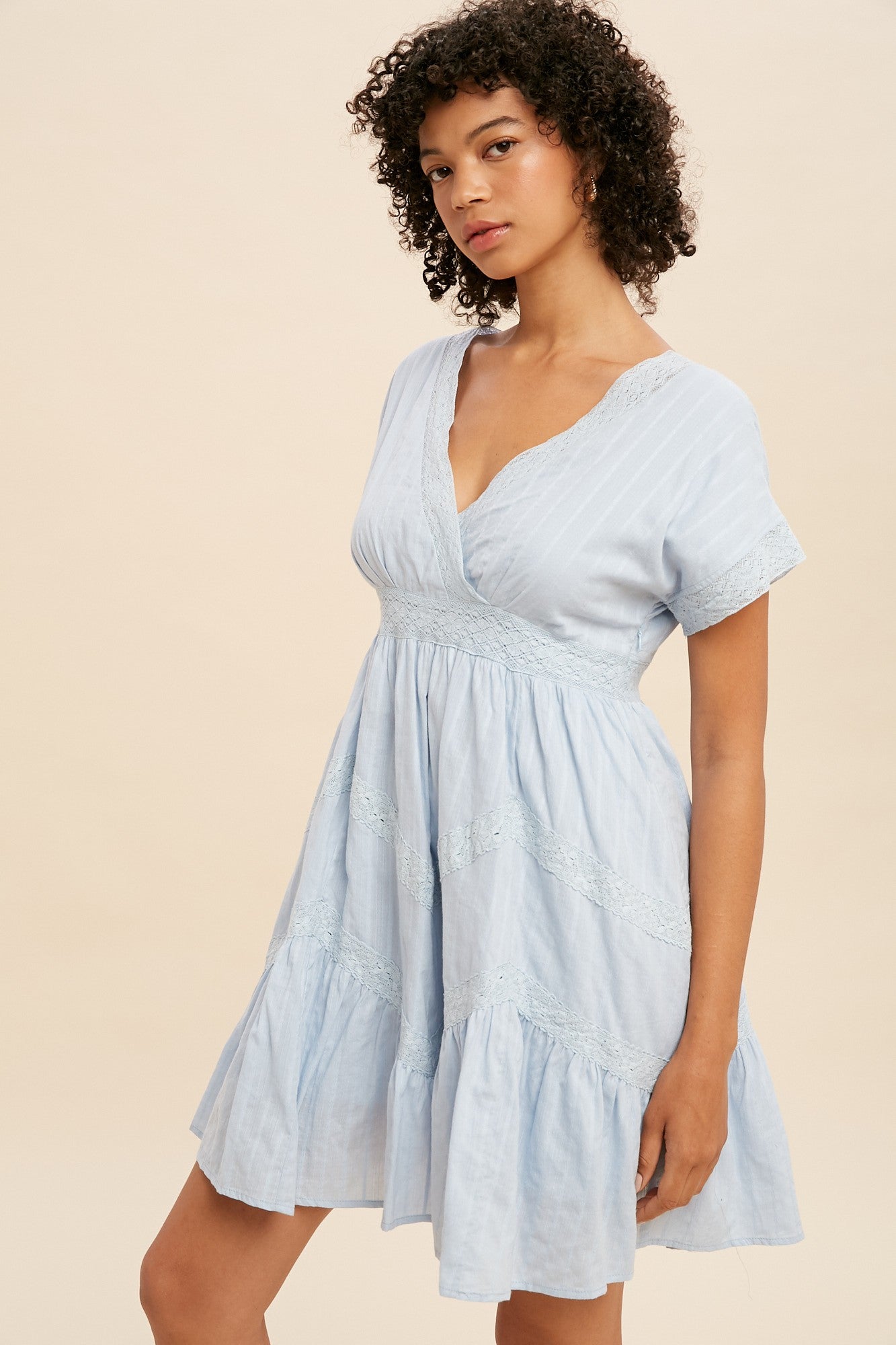 Powder Blue Surplice Tiered Mini Dress