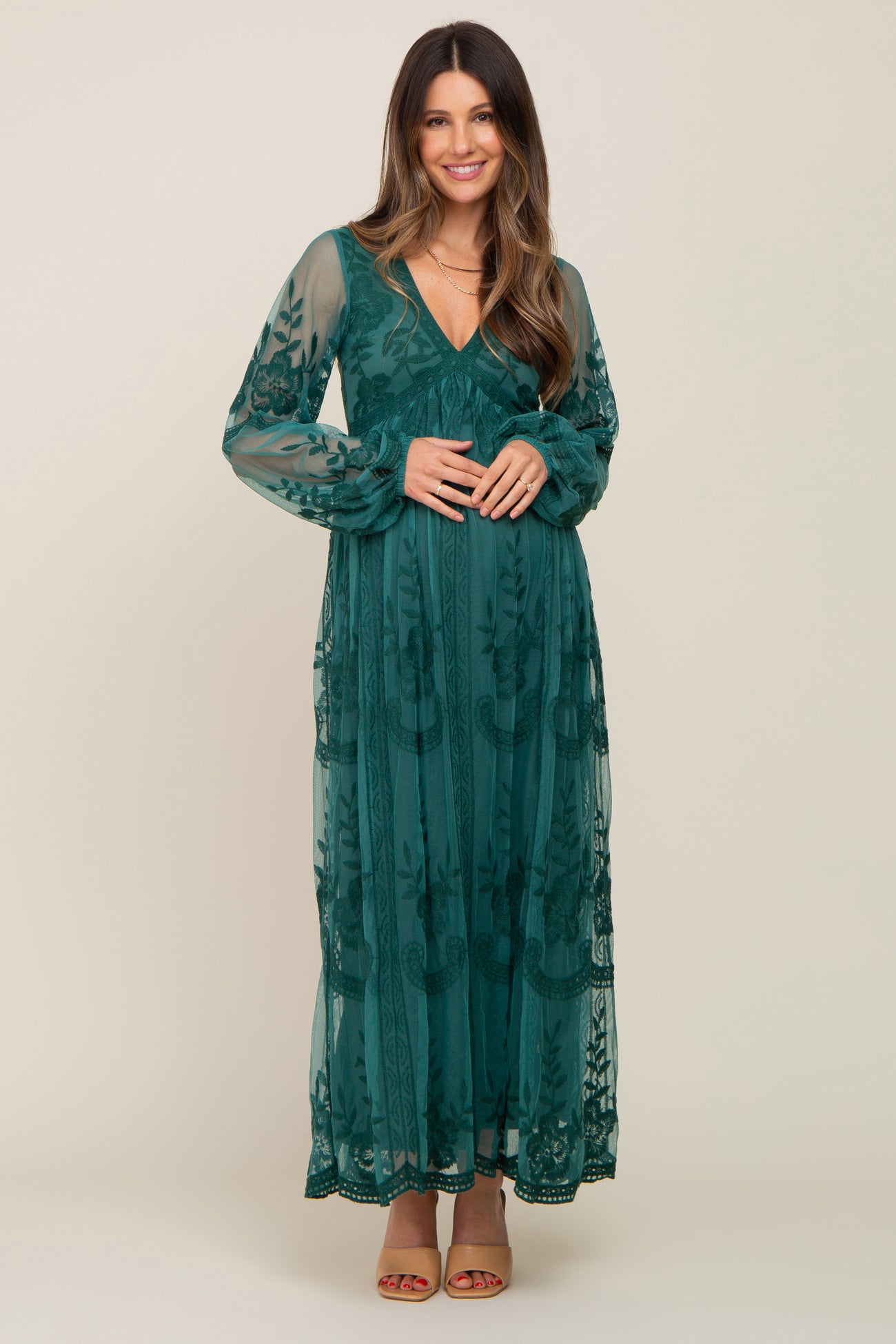 PinkBlush Emerald Green Lace Mesh Overlay Long Sleeve Maternity Maxi Dress