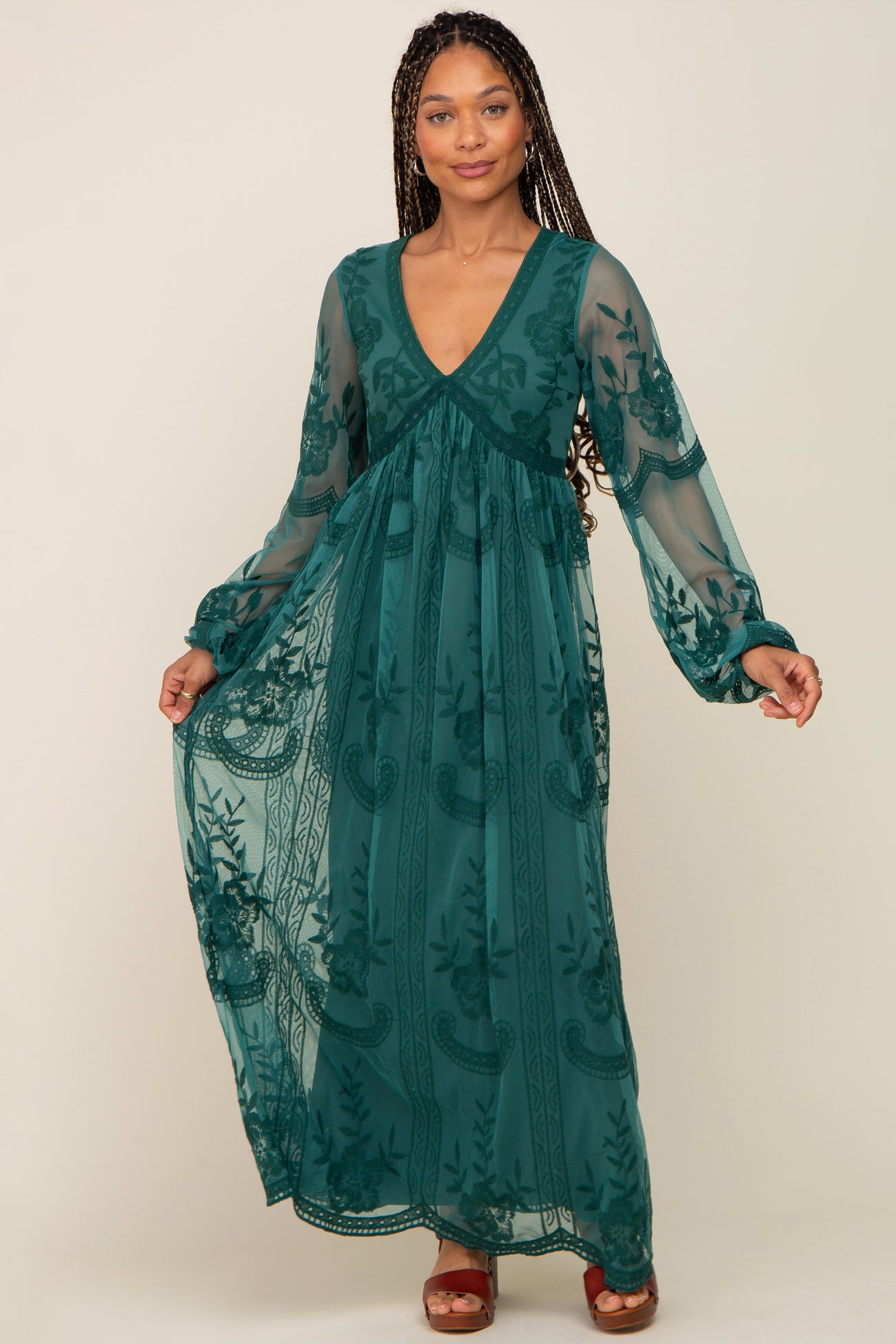 PinkBlush Emerald Green Lace Mesh Overlay Long Sleeve Maternity Maxi Dress