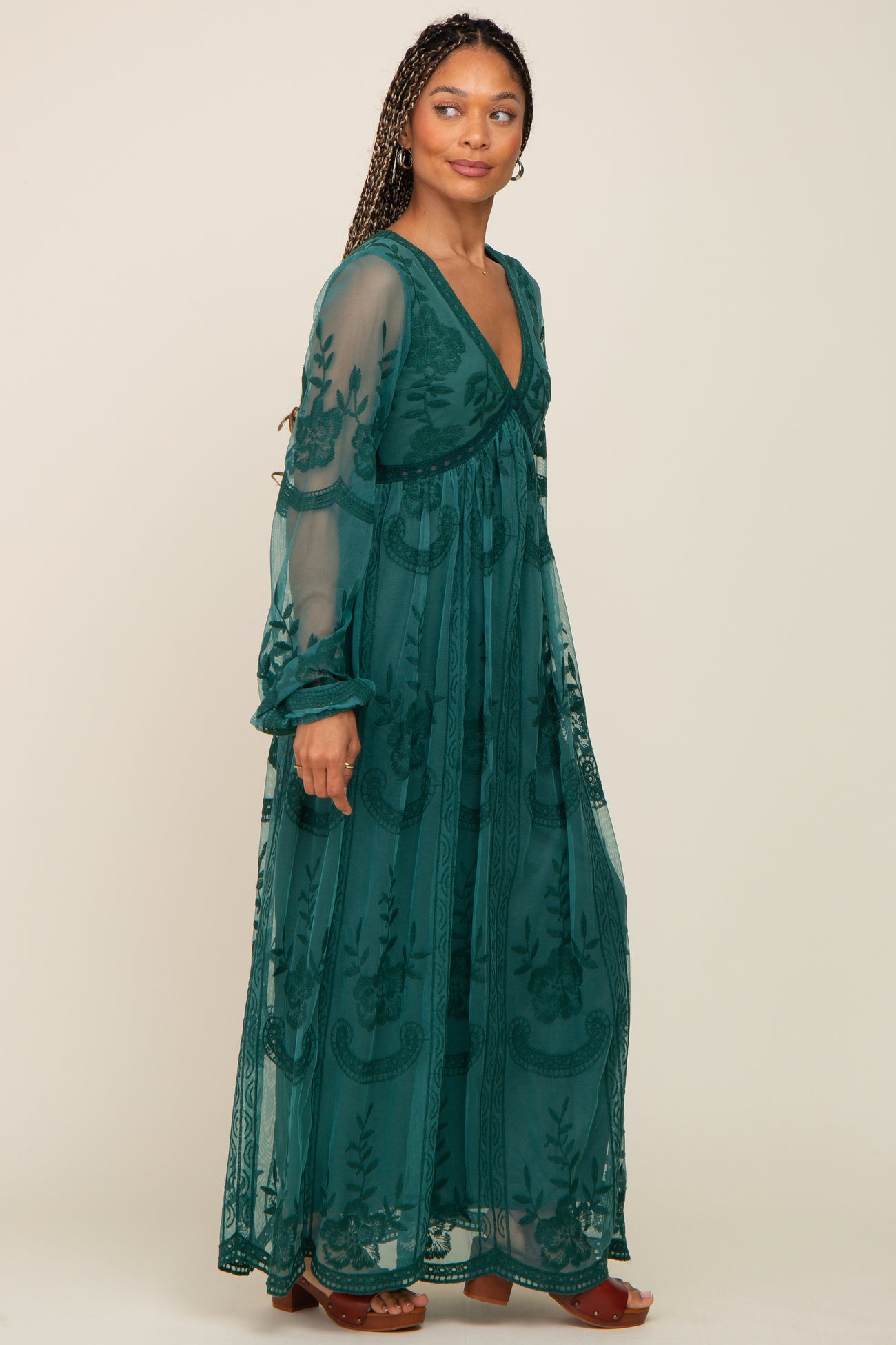PinkBlush Emerald Green Lace Mesh Overlay Long Sleeve Maxi Dress