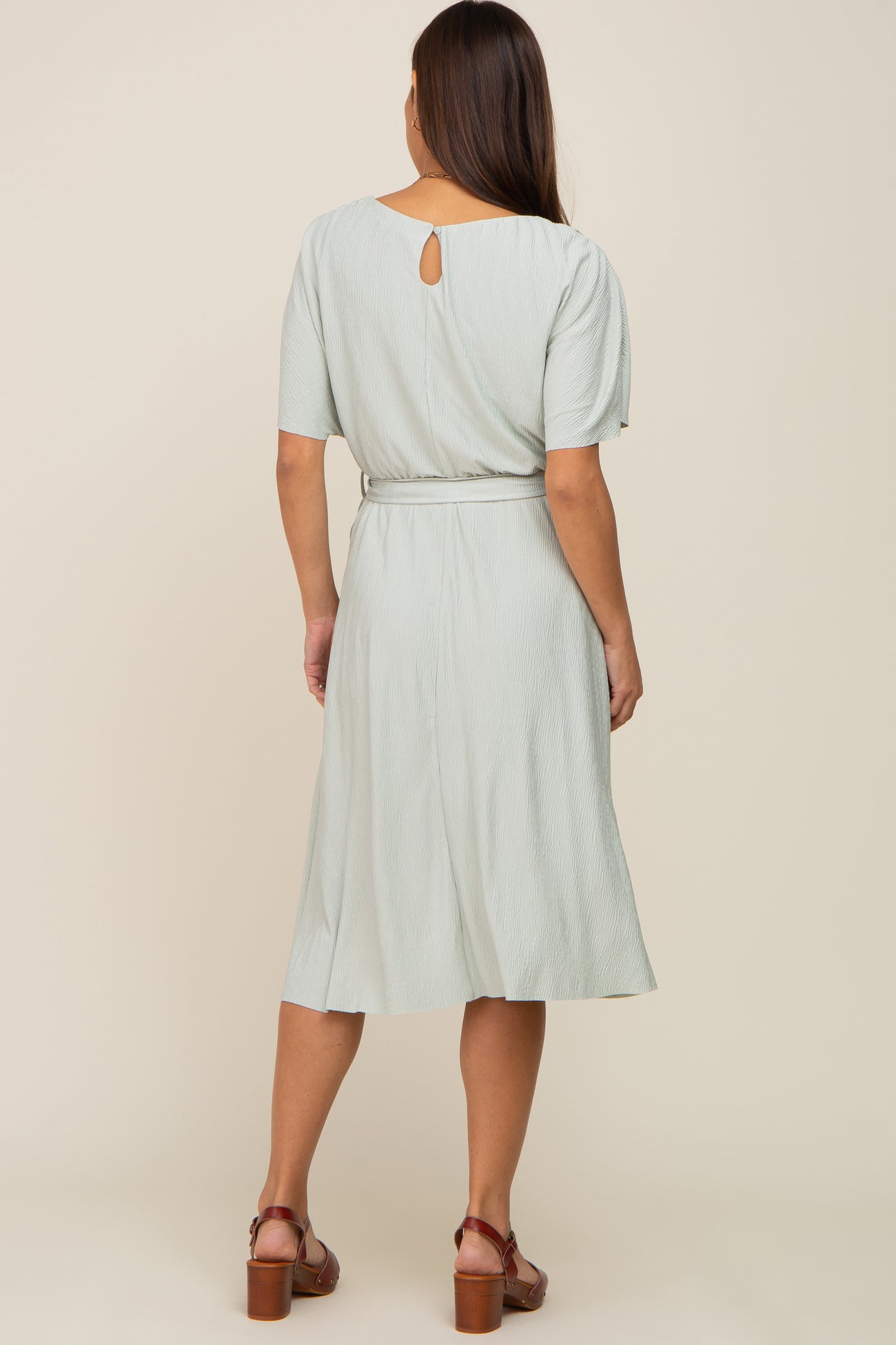 Mint Green Crinkle Knit Tie Waist Short Sleeve Maternity Dress