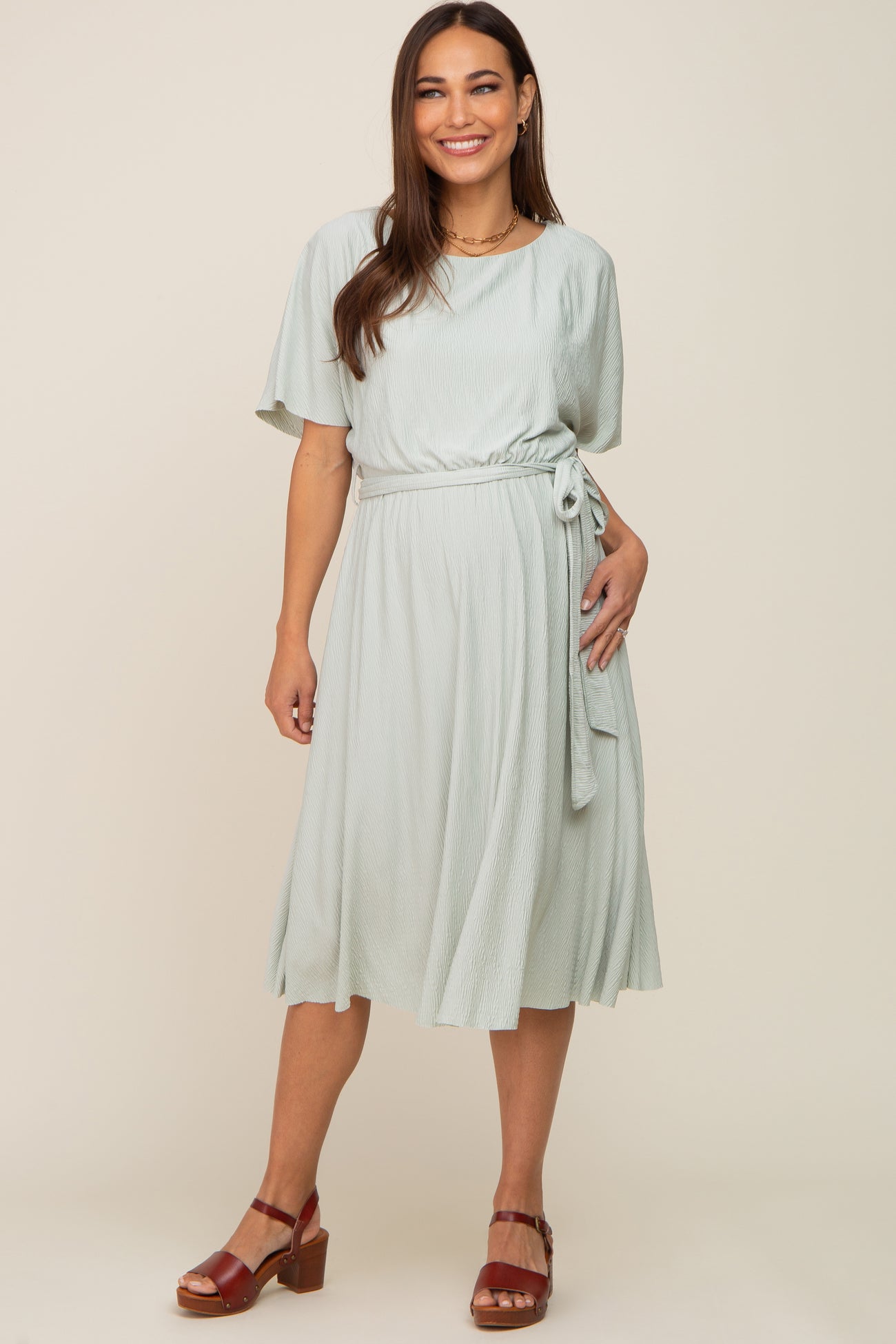 Mint Green Crinkle Knit Tie Waist Short Sleeve Maternity Dress