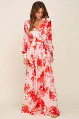 Red Brush Stroke Print Chiffon Maxi Dress