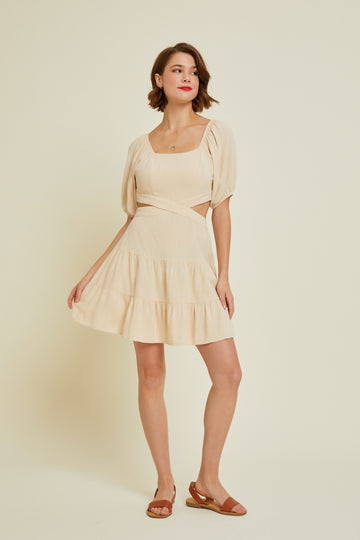 Ivory Square Neck Ruffled Dress With Back Cutout