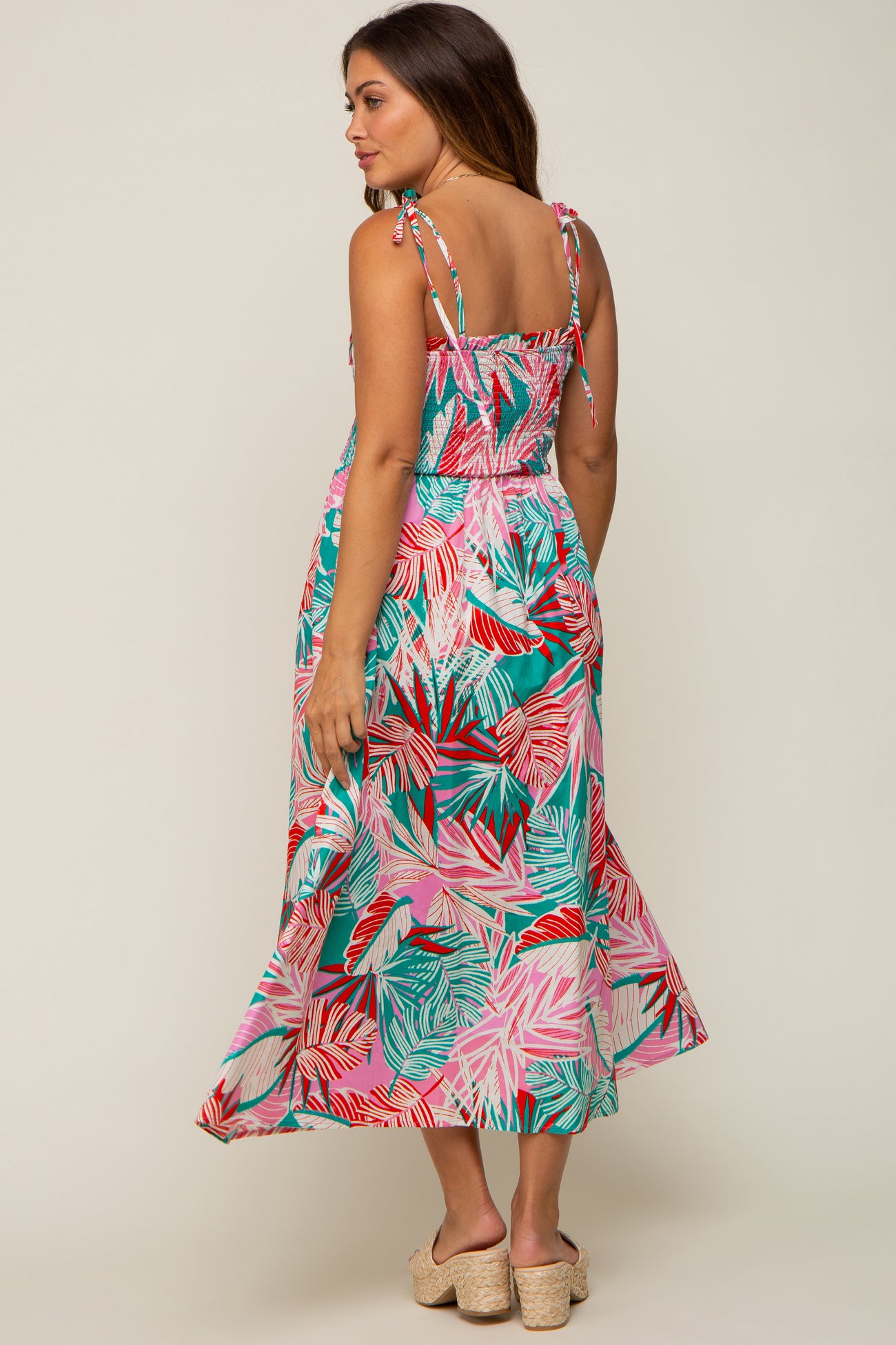 Turquoise Leaf Print Button Accent Maternity Maxi Dress