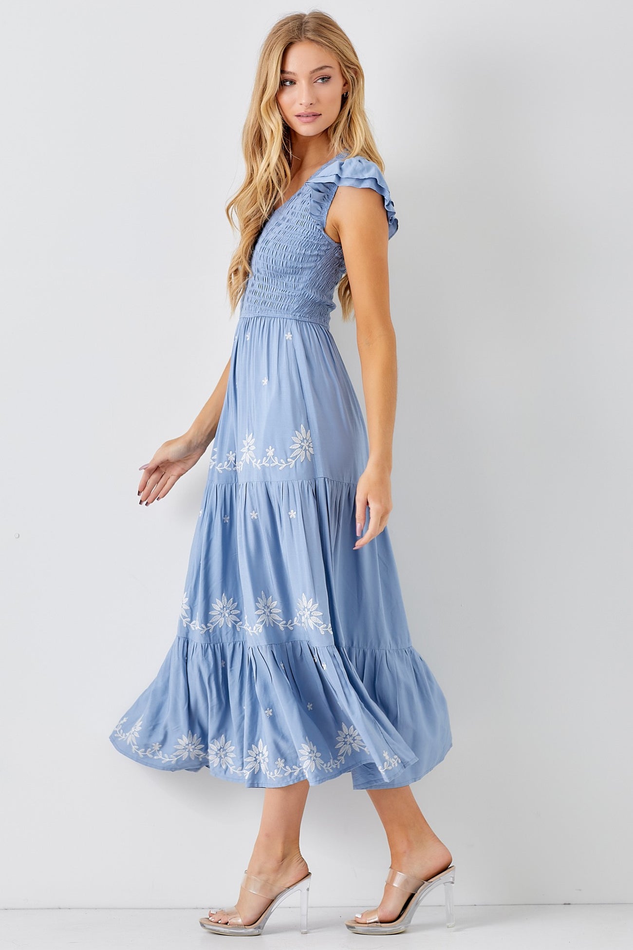 Dusty Blue V Neck Smocked Bodice Maxi Dress