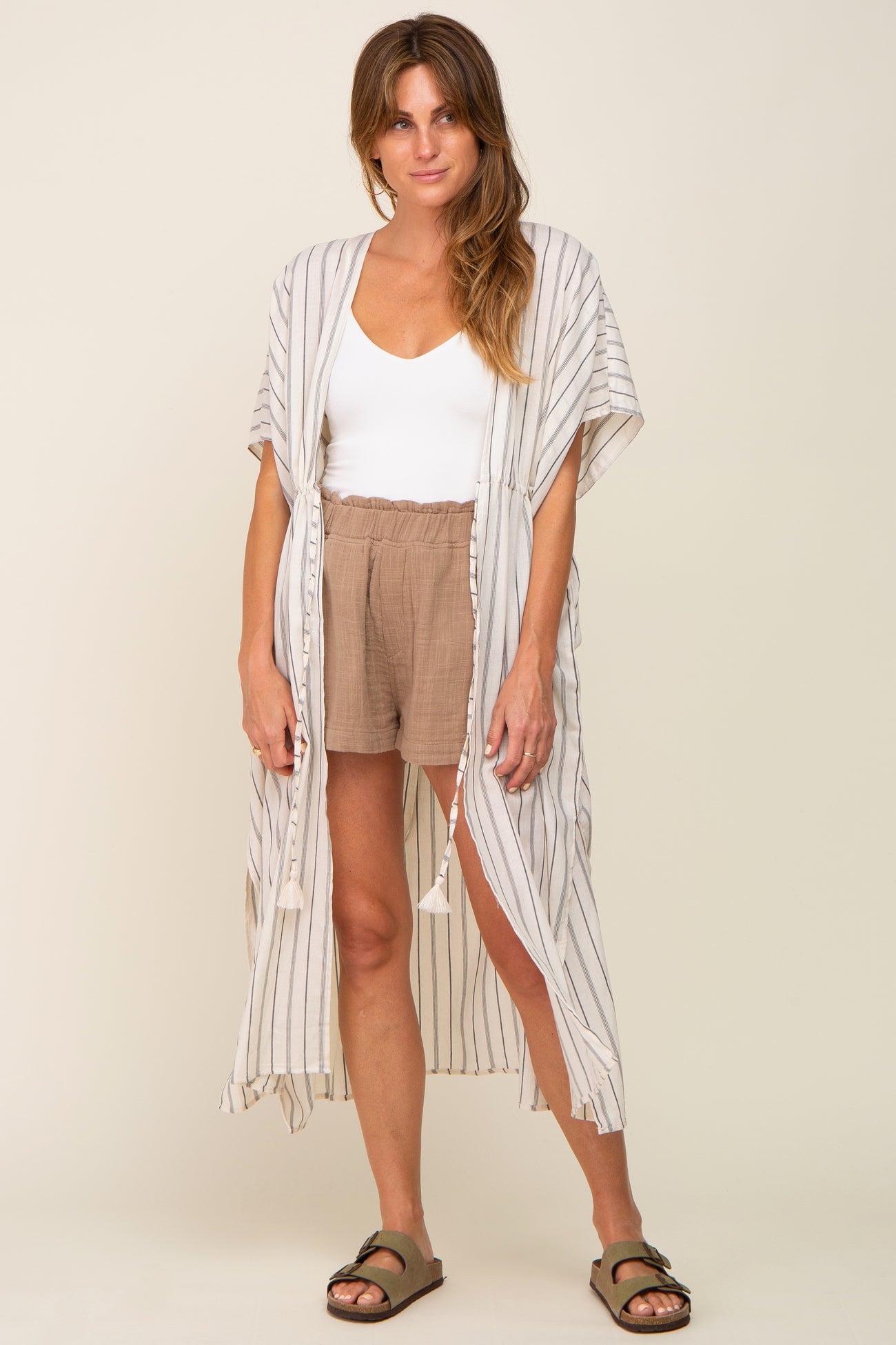 Ivory Striped Side Slit Tassel Tie Cover-Up