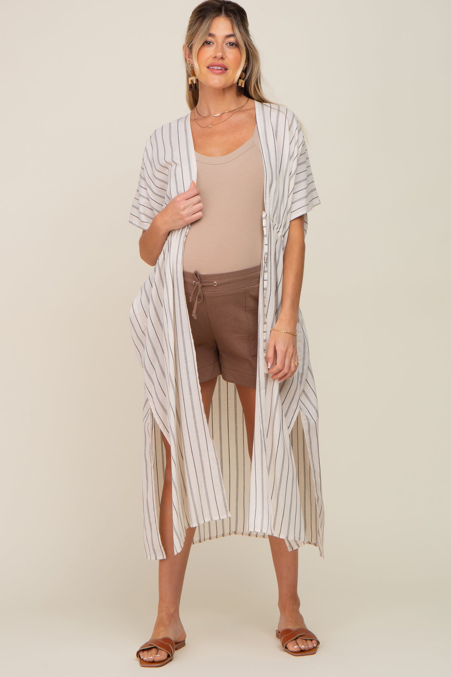 Ivory Striped Side Slit Tassel Tie Maternity Cover-Up