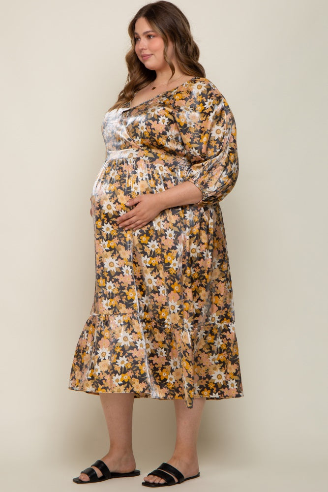 Black Floral Shimmer Satin Wrap Front V-Neck Maternity Plus Midi Dress