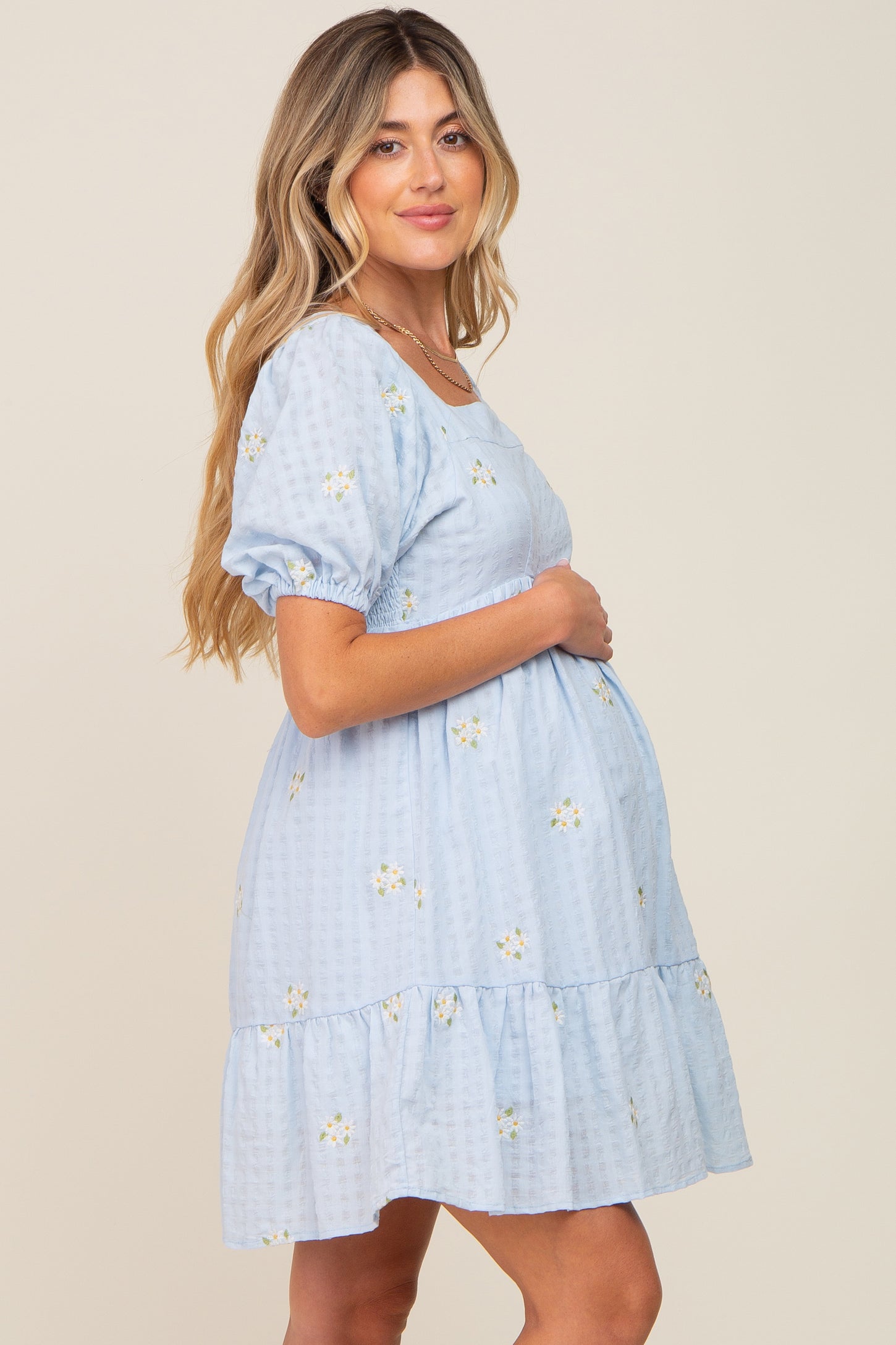 Light Blue Floral Embroidered Puff Sleeve Maternity Dress