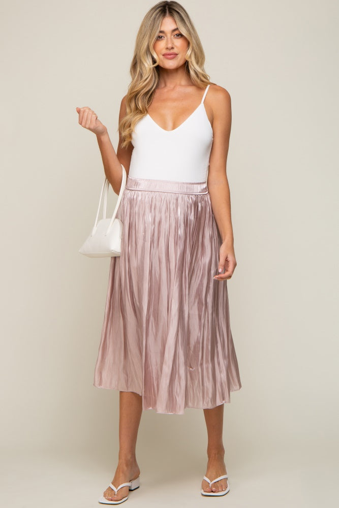 Light Pink Pleated Shimmer Satin Maternity Midi Skirt