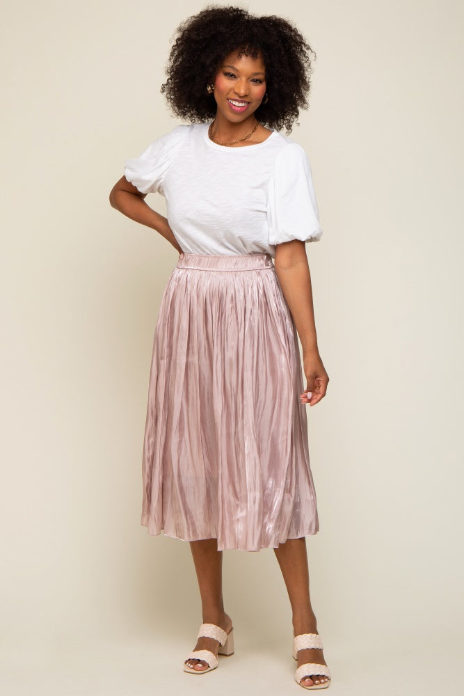 Light Pink Pleated Shimmer Satin Maternity Midi Skirt