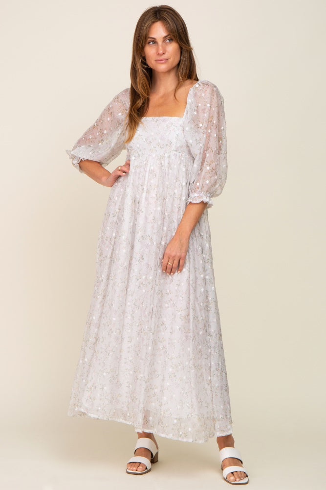 Silver Floral Square Neck Puff Sleeve Organza Maxi Dress