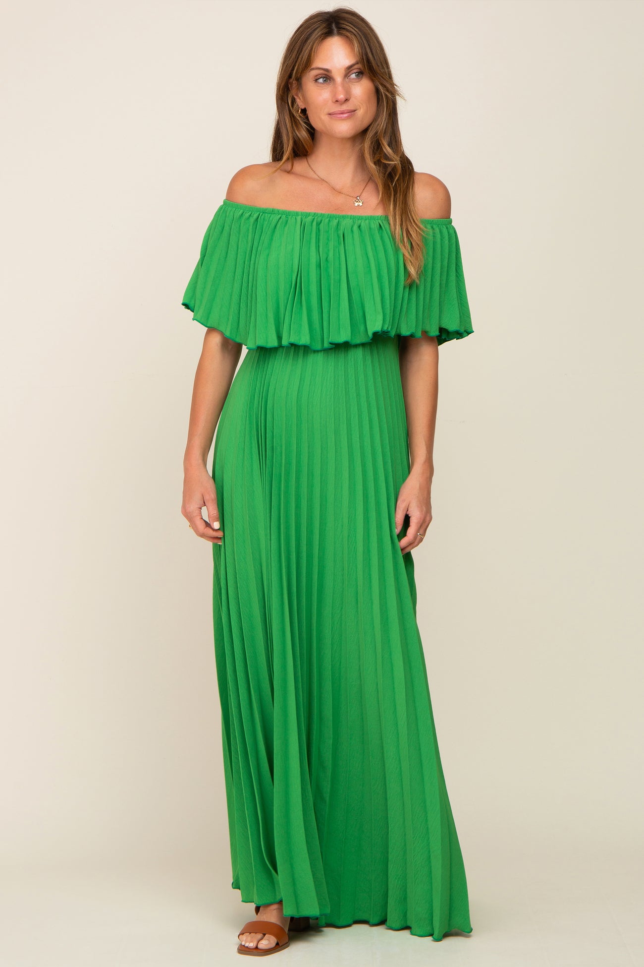 Green Pleated Off Shoulder Maternity Maxi Dress