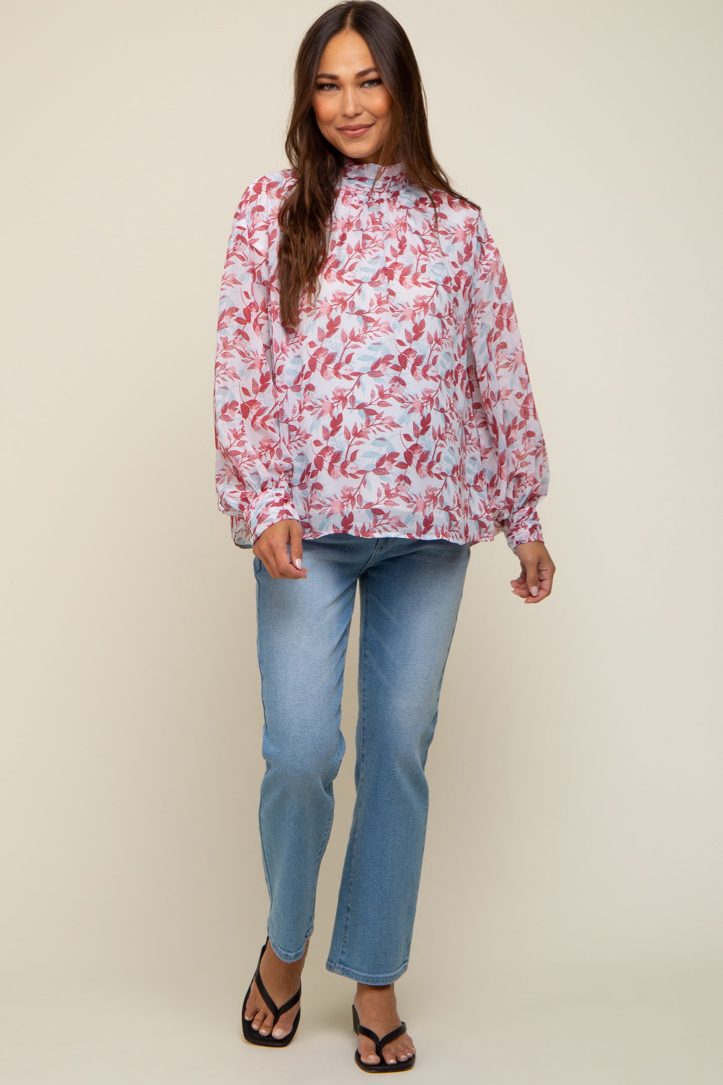 Burgundy Leaf Print Mock Neck Long Sleeve Maternity Blouse