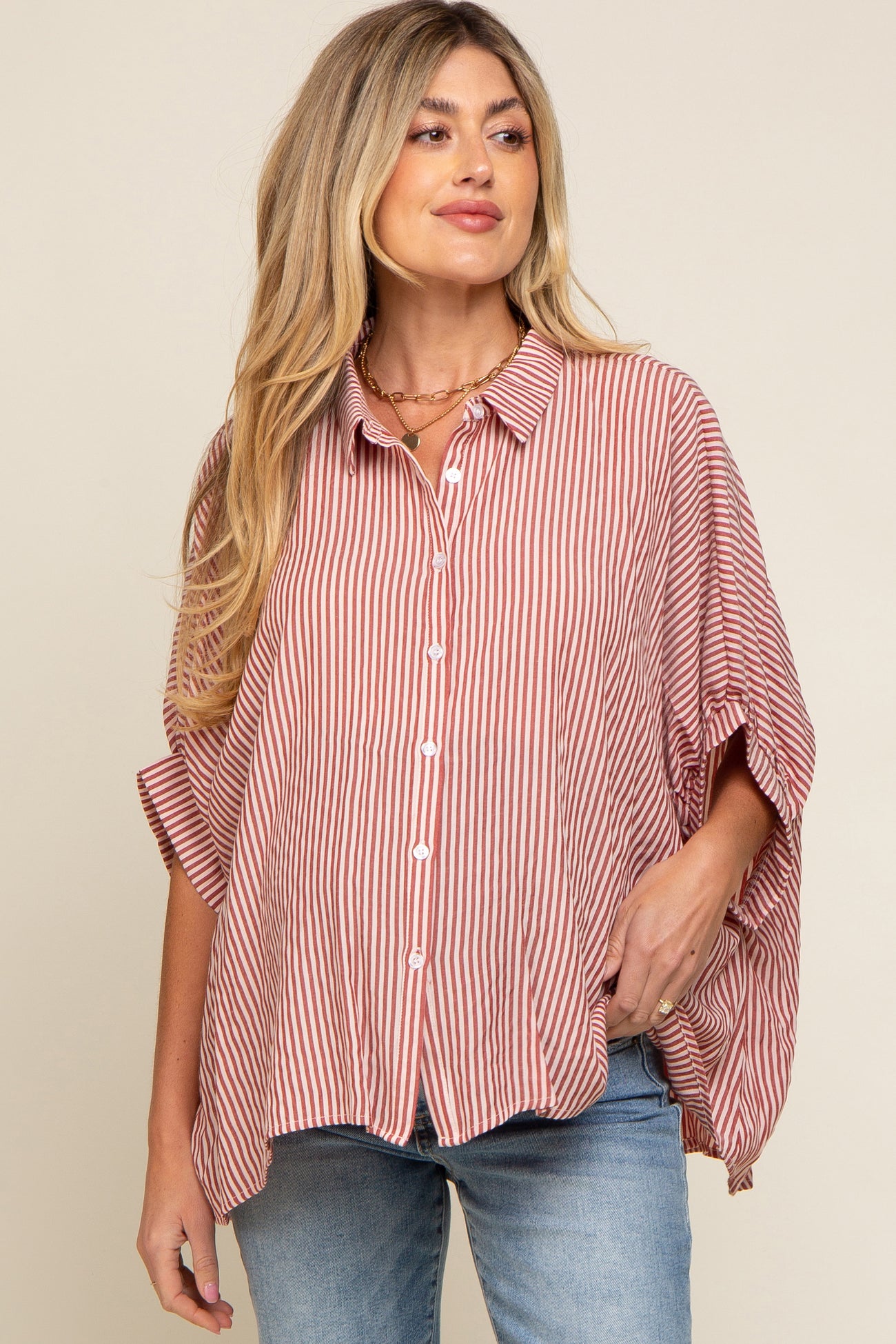 Red Striped Dolman Button Down Maternity Top