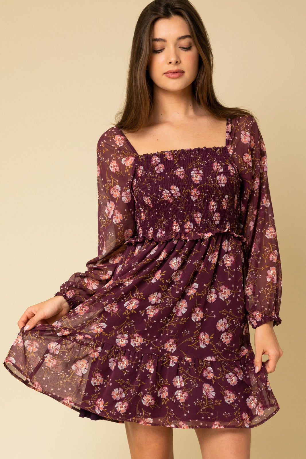 Burgundy Floral Smocked Long Sleeve Maternity Dress