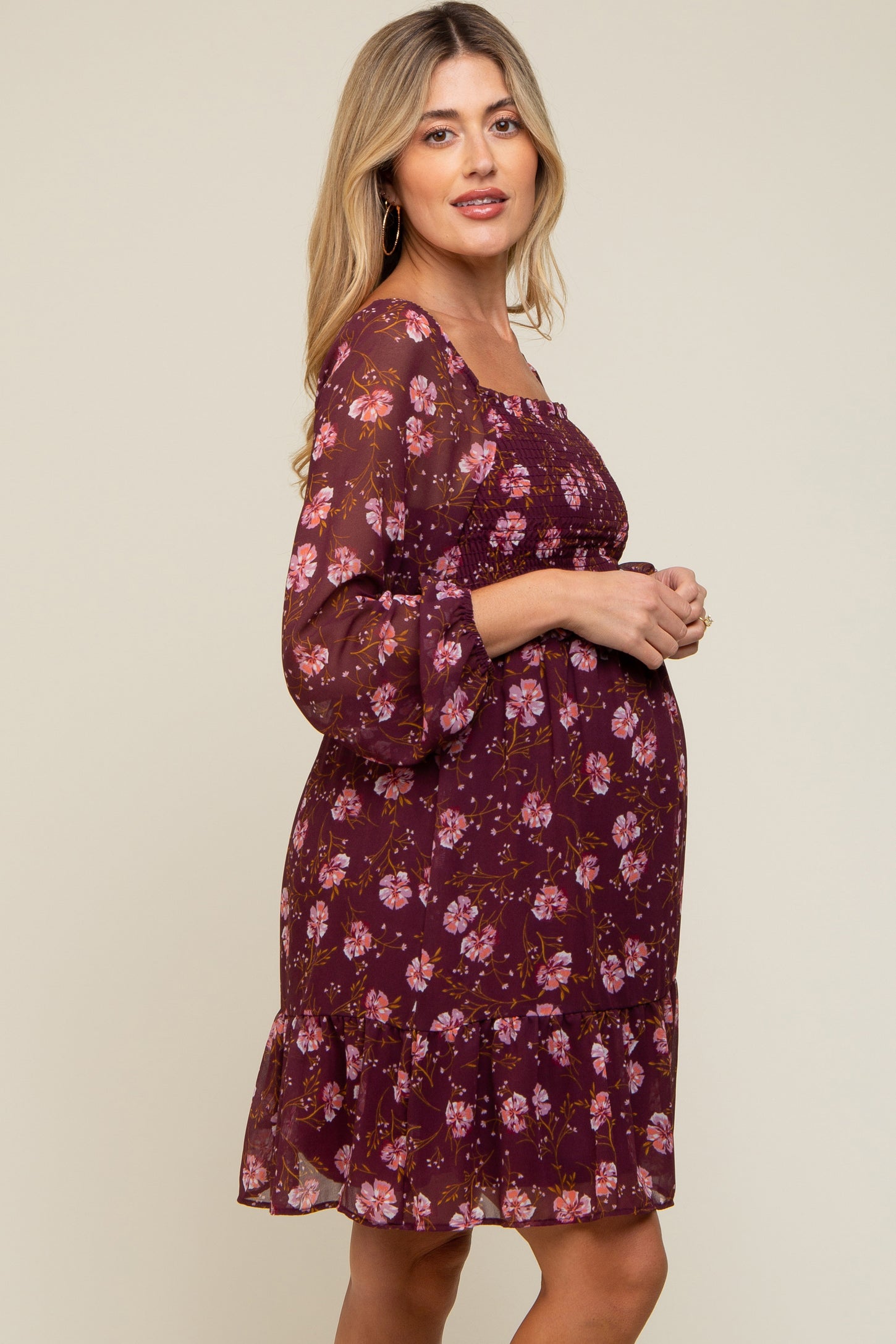 Burgundy Floral Smocked Long Sleeve Maternity Dress