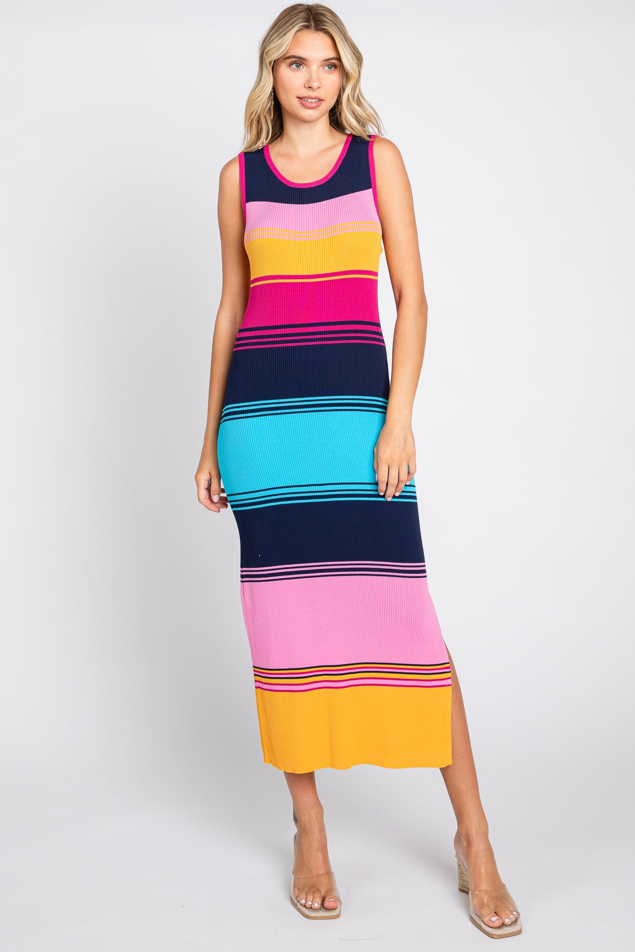 Multi-Colored Stripe Ribbed Side Slit Maternity Midi Dress