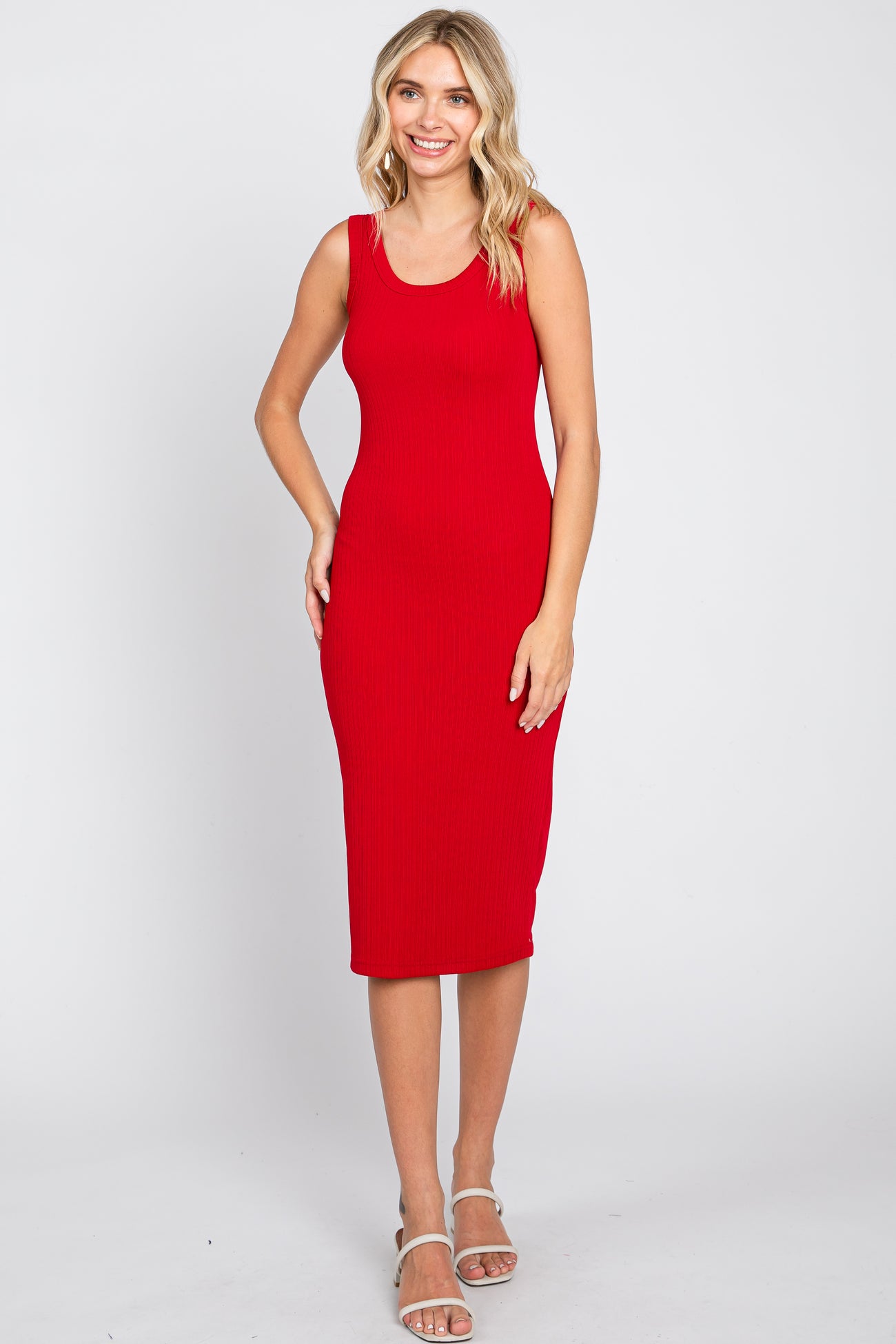 Red Ribbed Fitted Maternity Midi Dress