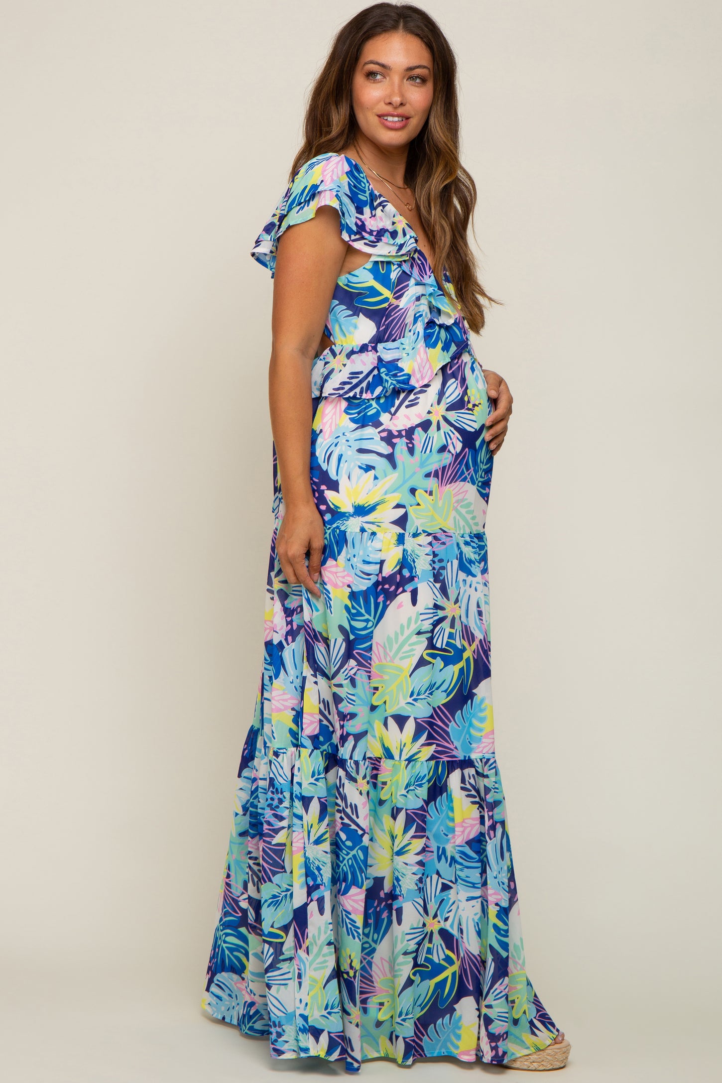Blue Floral Ruffle Accent Maternity Maxi Dress