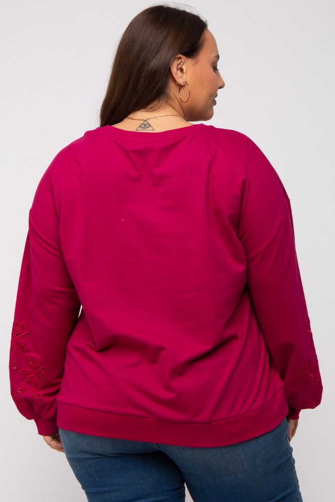 Magenta Embroidered Long Sleeve Plus Top