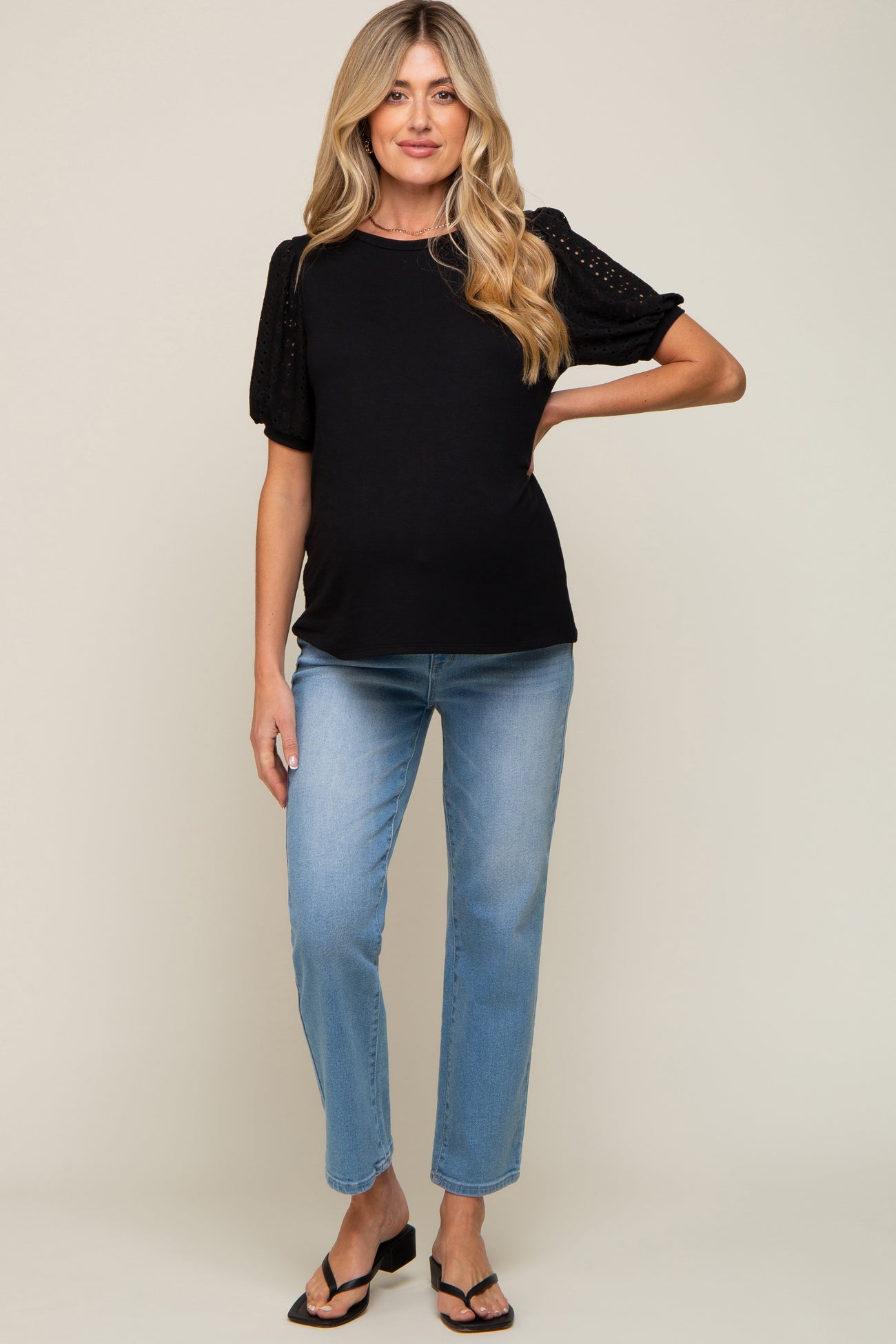 Black Eyelet Lace Sleeve Maternity Top