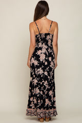 Black Floral Border Print Front Twist Maternity Maxi Dress