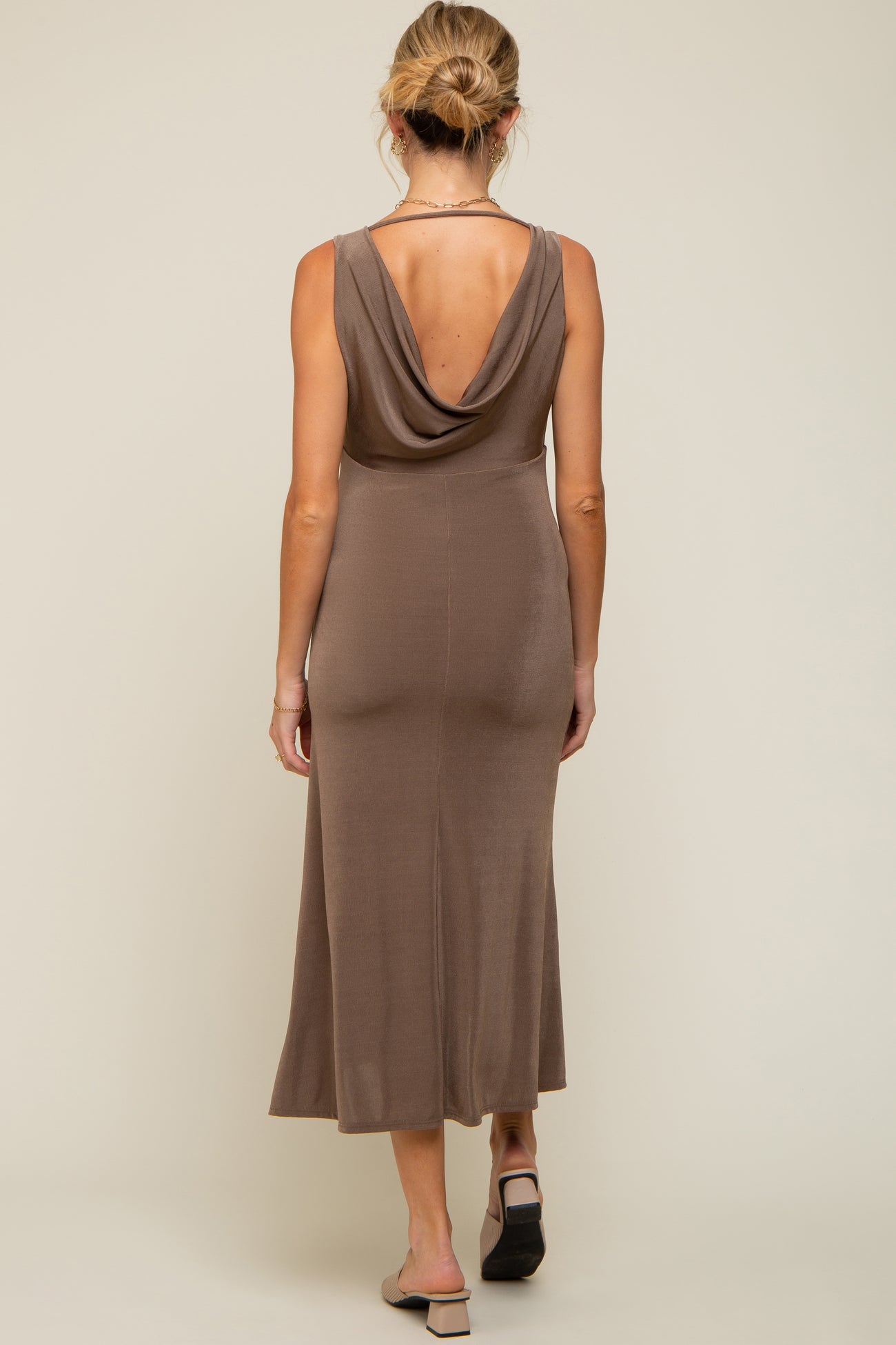 Mocha A-Line Draped Back Maternity Midi Dress