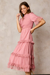 woman wearing a pink tiered midi dress with ruffles and puff sleeves, smiling against a neutral background