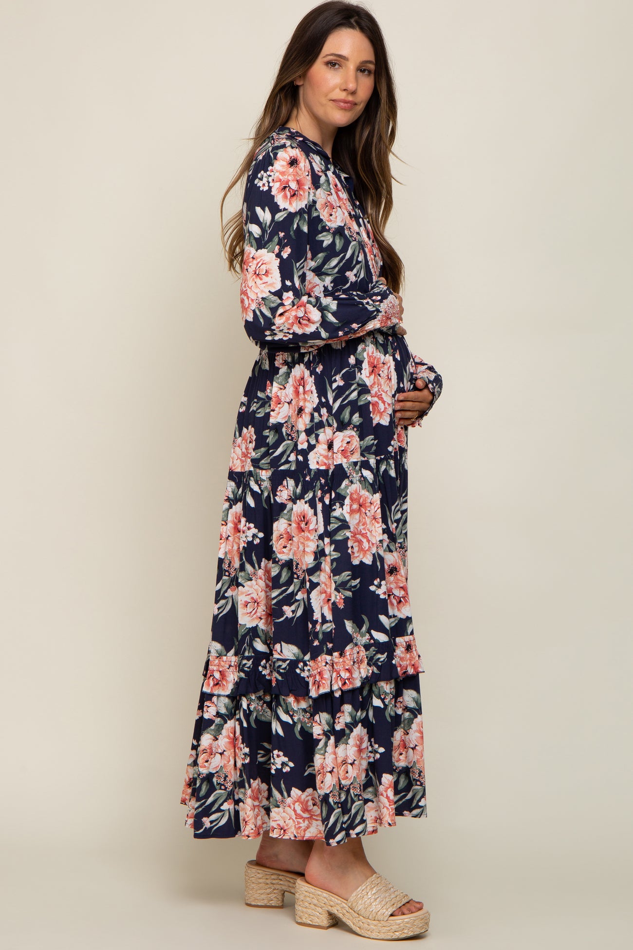 Navy Floral Smocked Ruffle Neck Maternity Maxi Dress