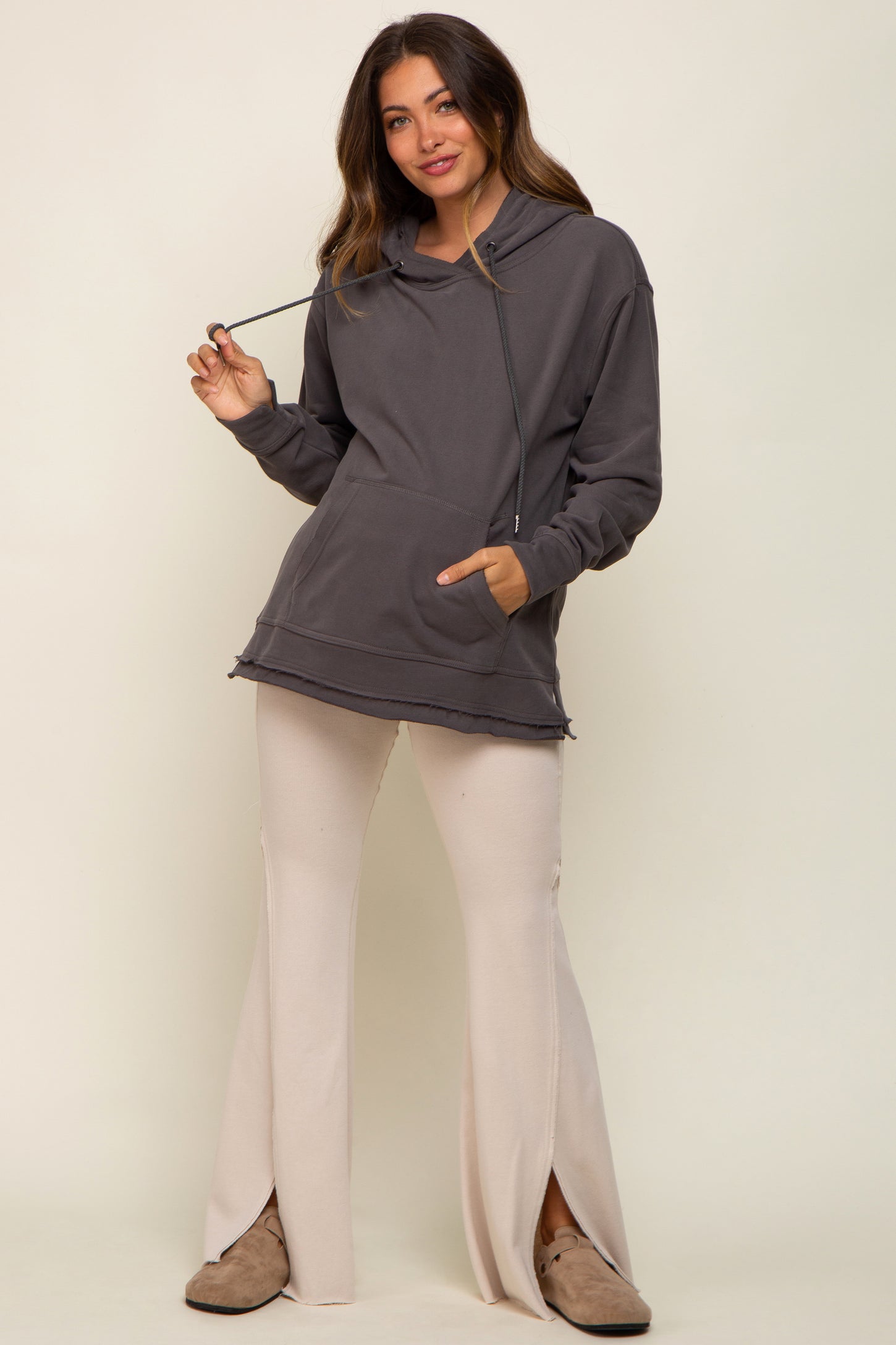 Charcoal Raw Hem Maternity Hooded Sweatshirt