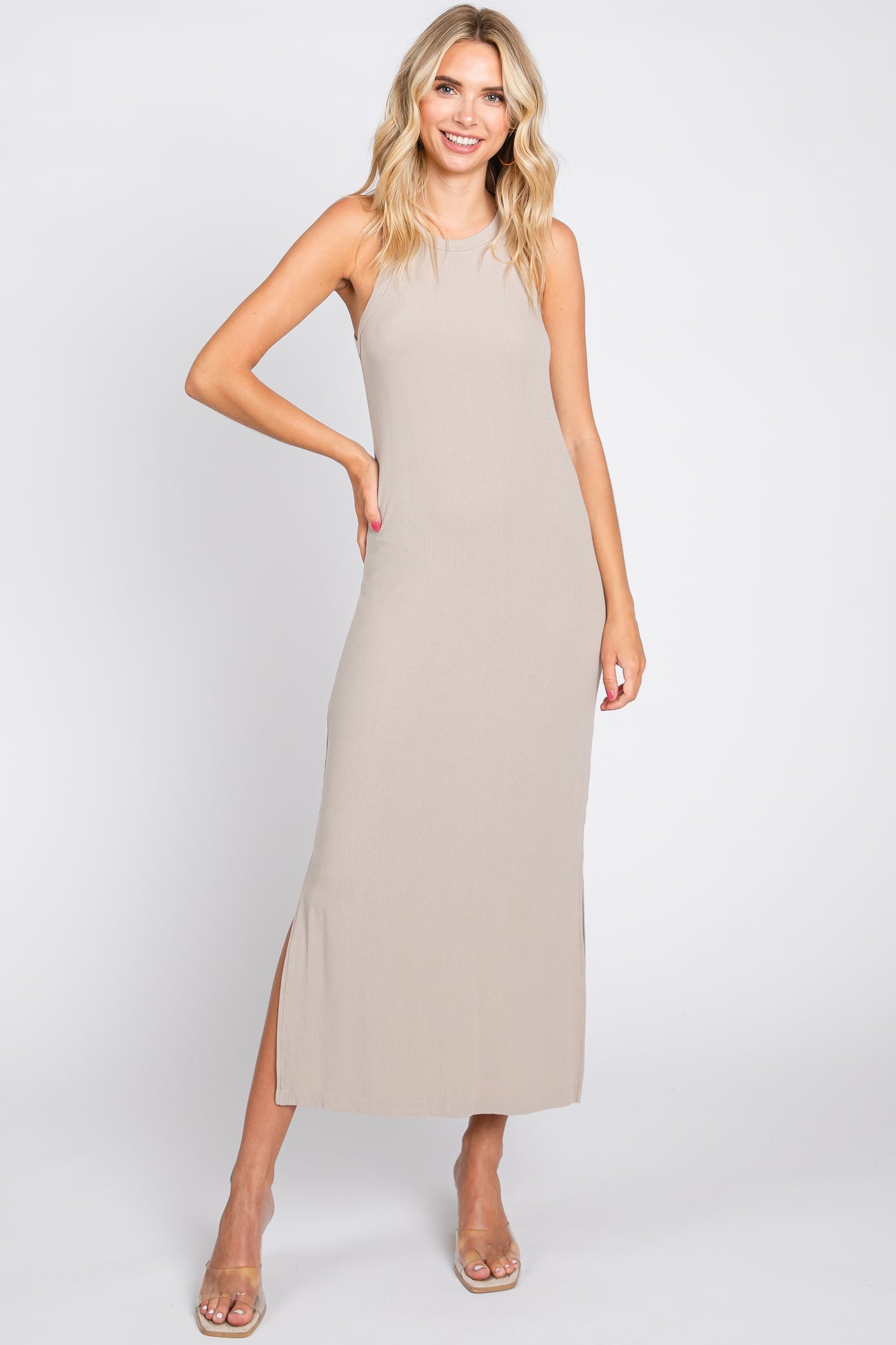Taupe Sleeveless Ribbed Side Slit Maternity Maxi Dress