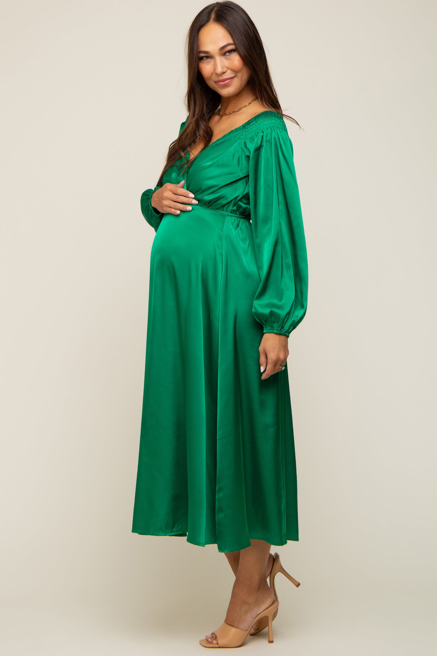 Green Satin Wrap Top Maternity Midi Dress