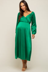 Green Satin Wrap Top Maternity Midi Dress