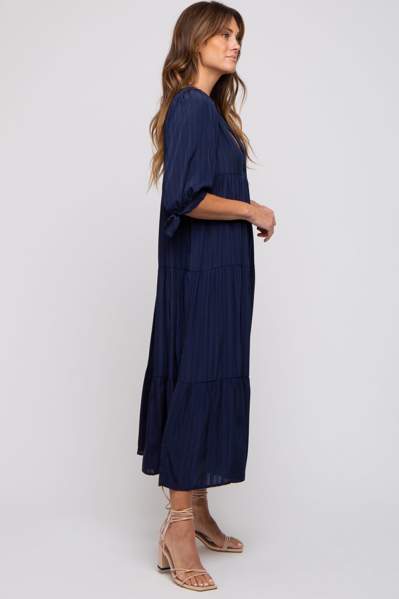 Navy Blue Striped Tiered Midi Dress