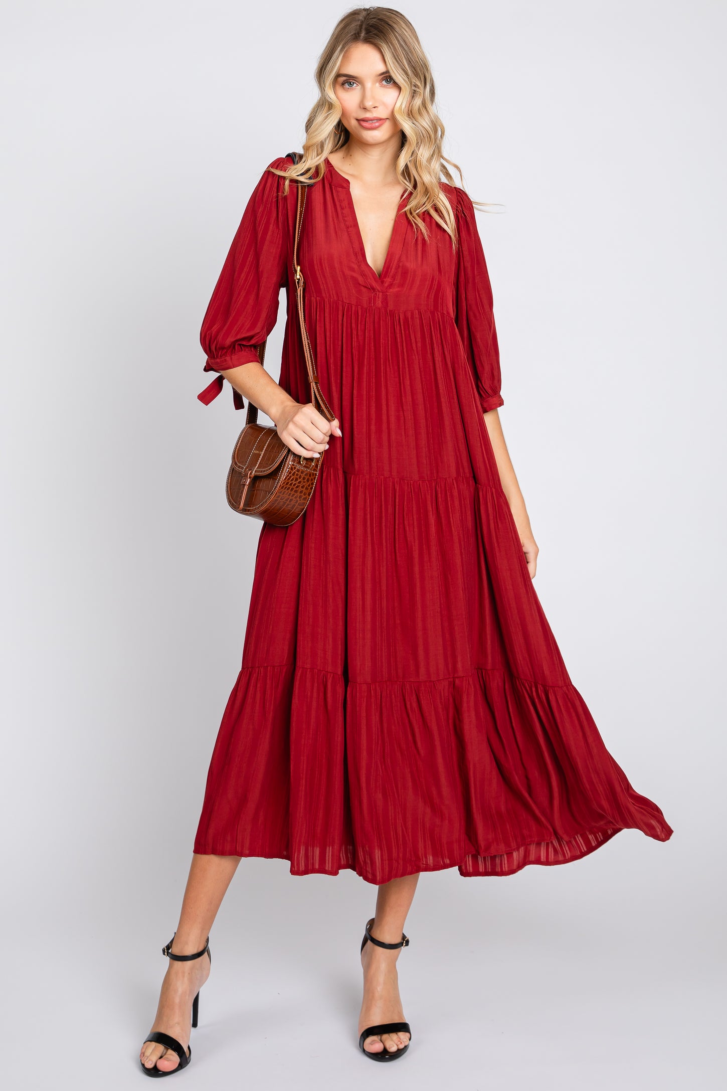 Burgundy Striped Tiered Maternity Midi Dress