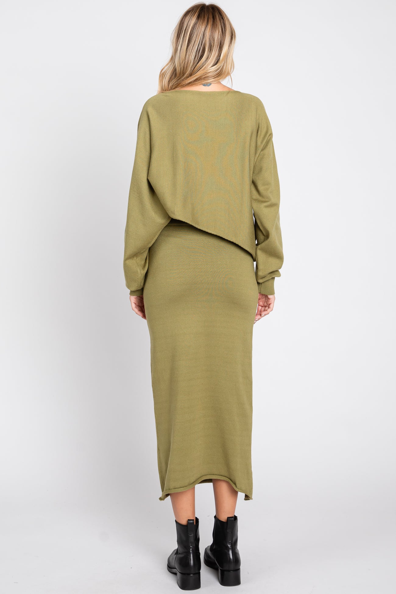 Olive Knit Long Sleeve Crop Top Midi Skirt Set