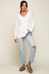 Ivory Knit V-Neck Long Sleeve Top