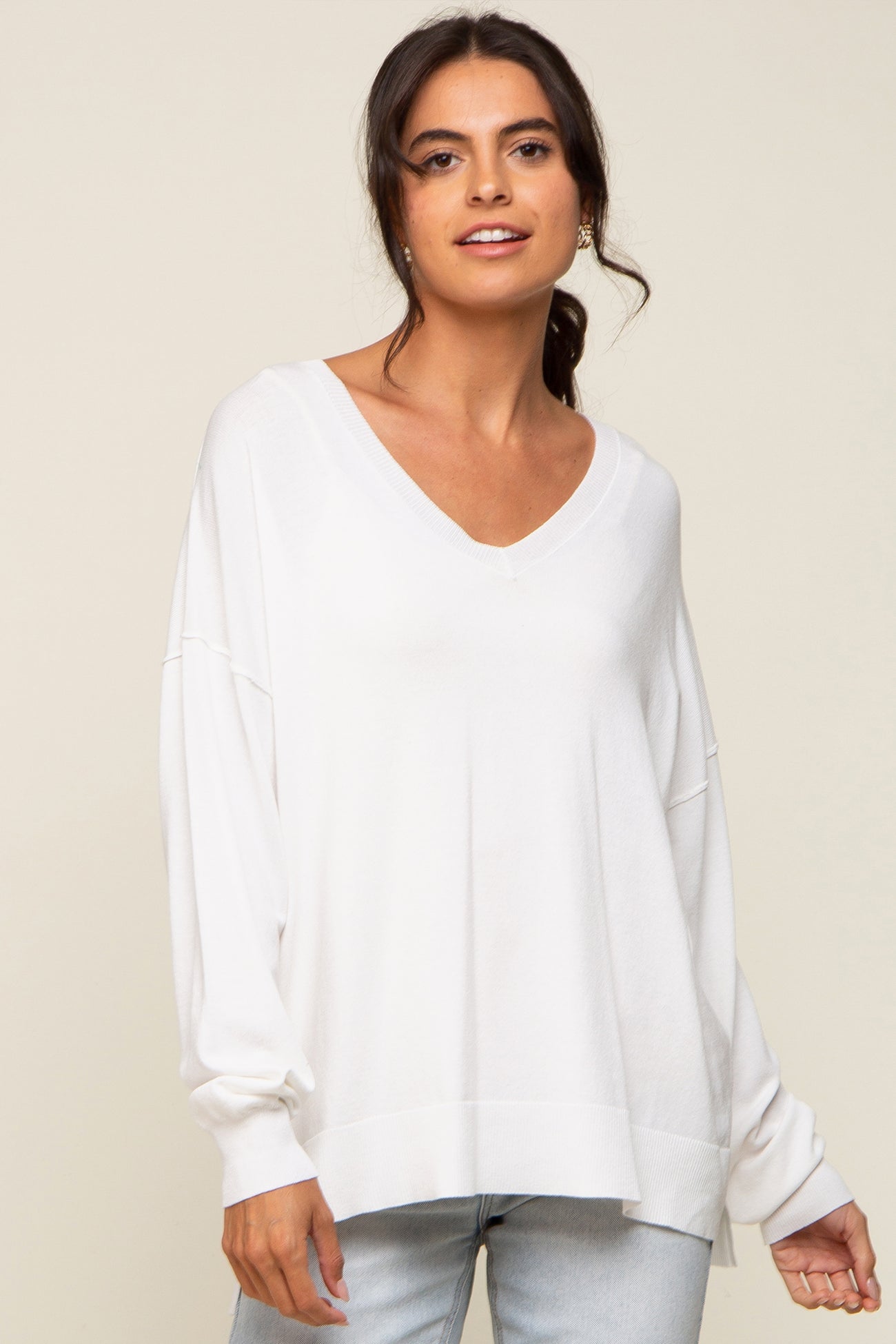 Ivory Knit V-Neck Long Sleeve Maternity Top