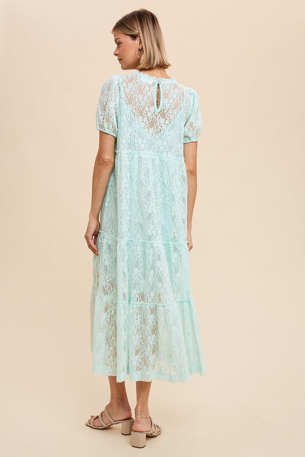 woman wearing a mint green lace midi dress with short puff sleeves and a tiered hem, seen from the back