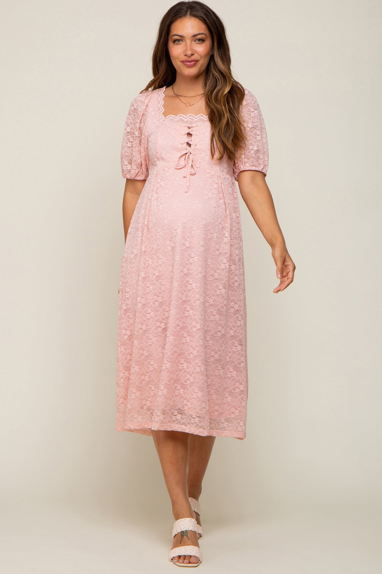 Light Pink Lace Cutout Maternity Midi Dress