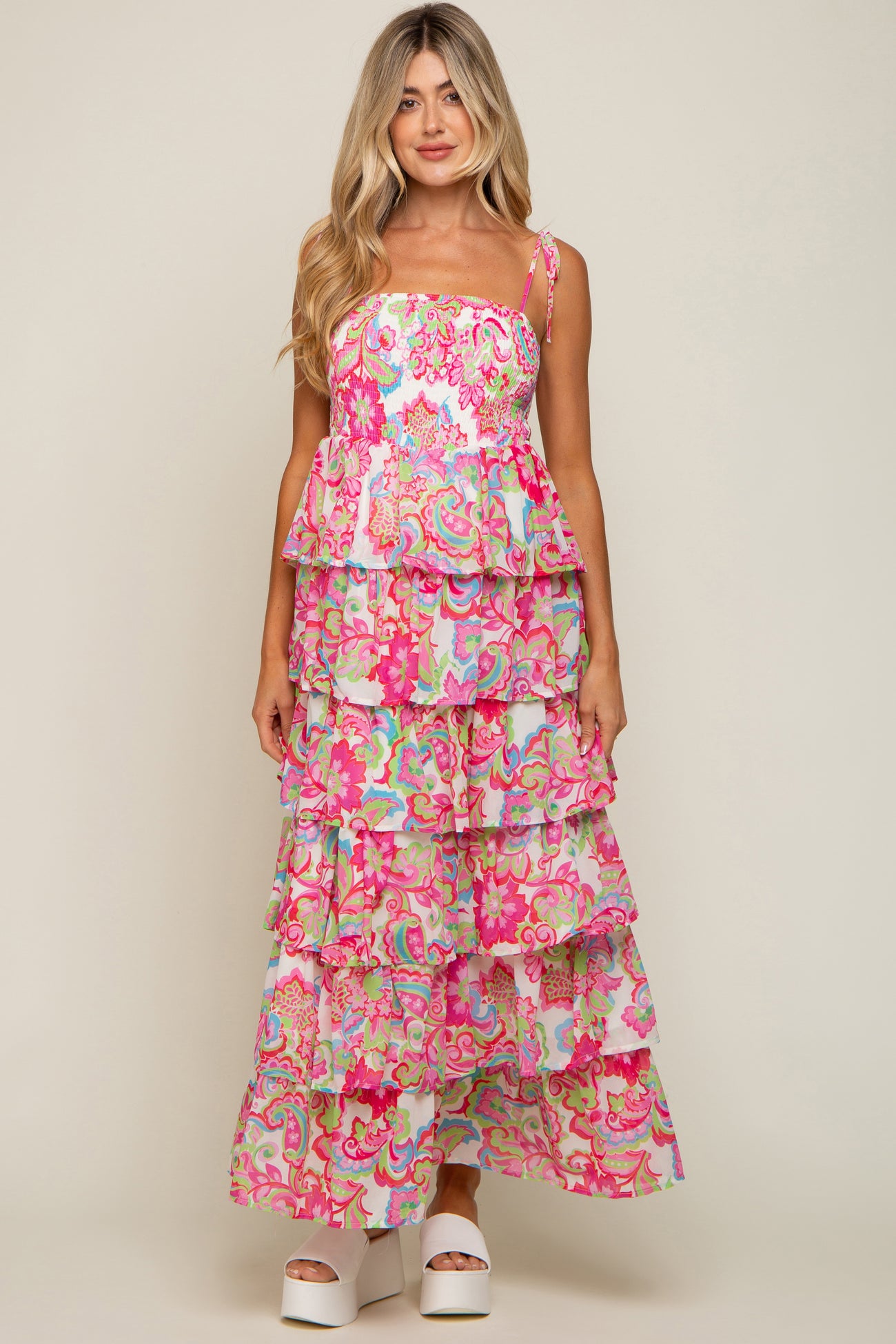 Fuchsia Floral Chiffon Smocked Shoulder Tie Ruffle Tiered Maternity Maxi Dress
