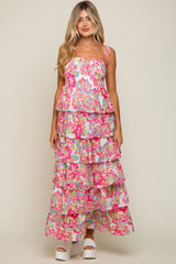 Fuchsia Floral Chiffon Smocked Shoulder Tie Ruffle Tiered Maternity Maxi Dress