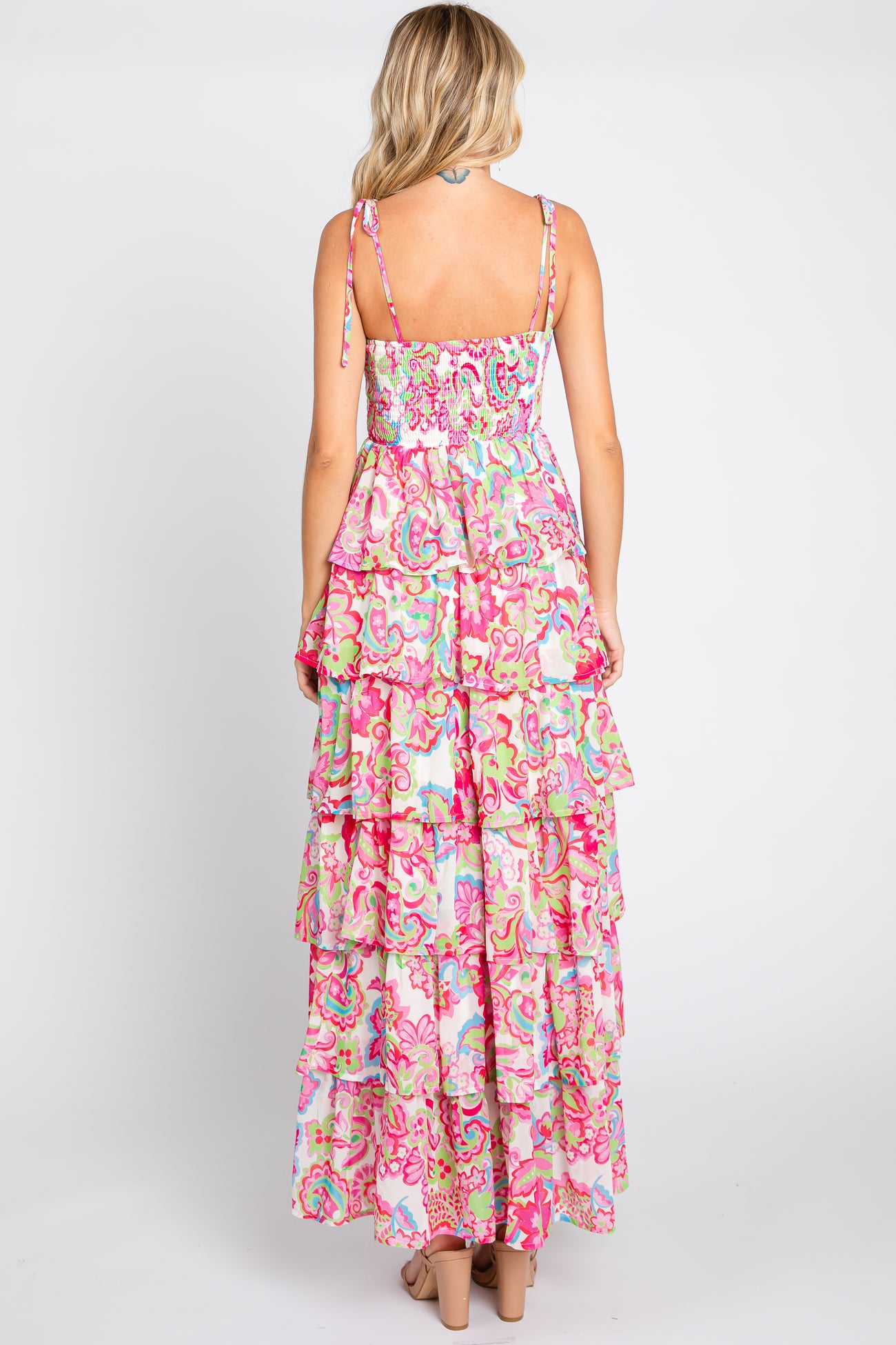 Fuchsia Floral Chiffon Smocked Shoulder Tie Ruffle Tiered Maxi Dress