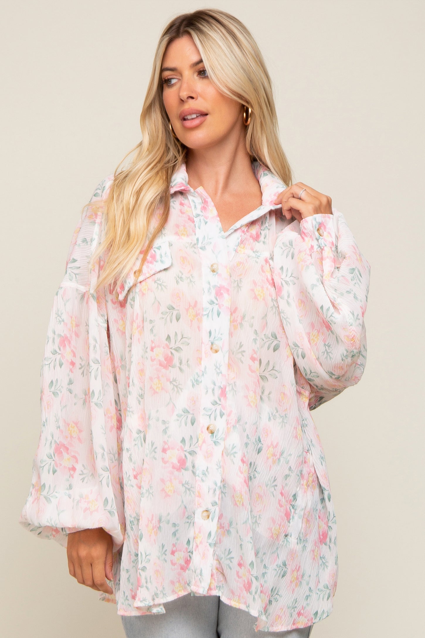 Pink Pleated Floral Oversized Blouse
